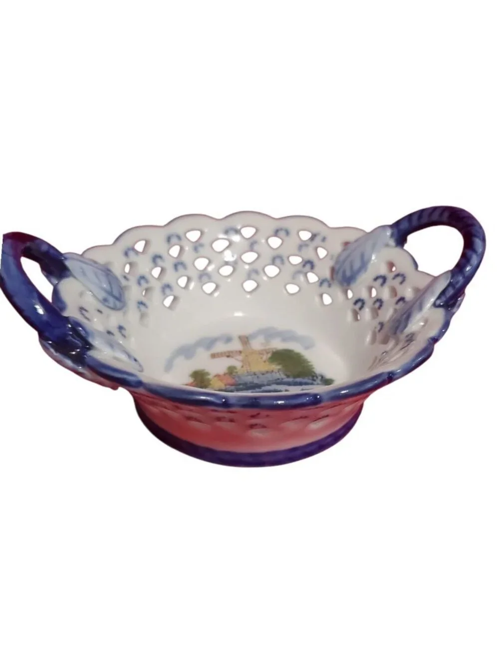 D.N&E.L Hand-Vtg Porcelain Basket W/Windmill Scene & Dual Handles Blue & White